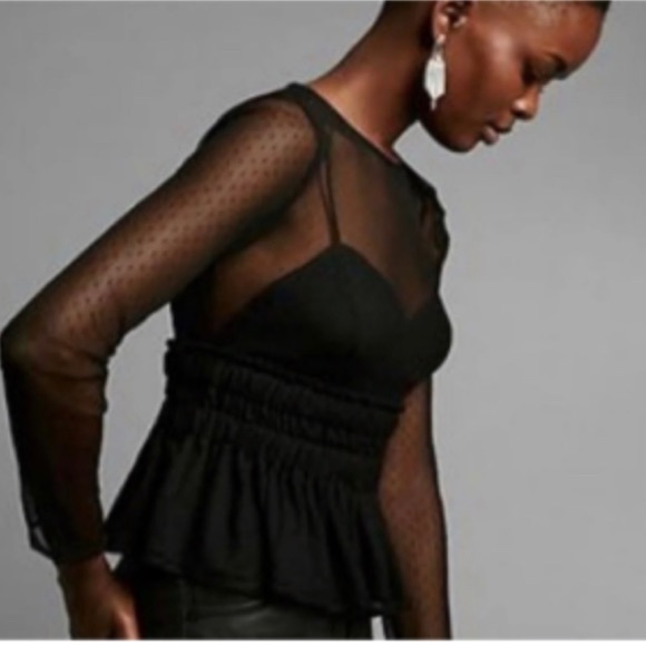 EXPRESS Sheer Cinched-Waist Peplum Top 🖤 - Picture 2 of 9